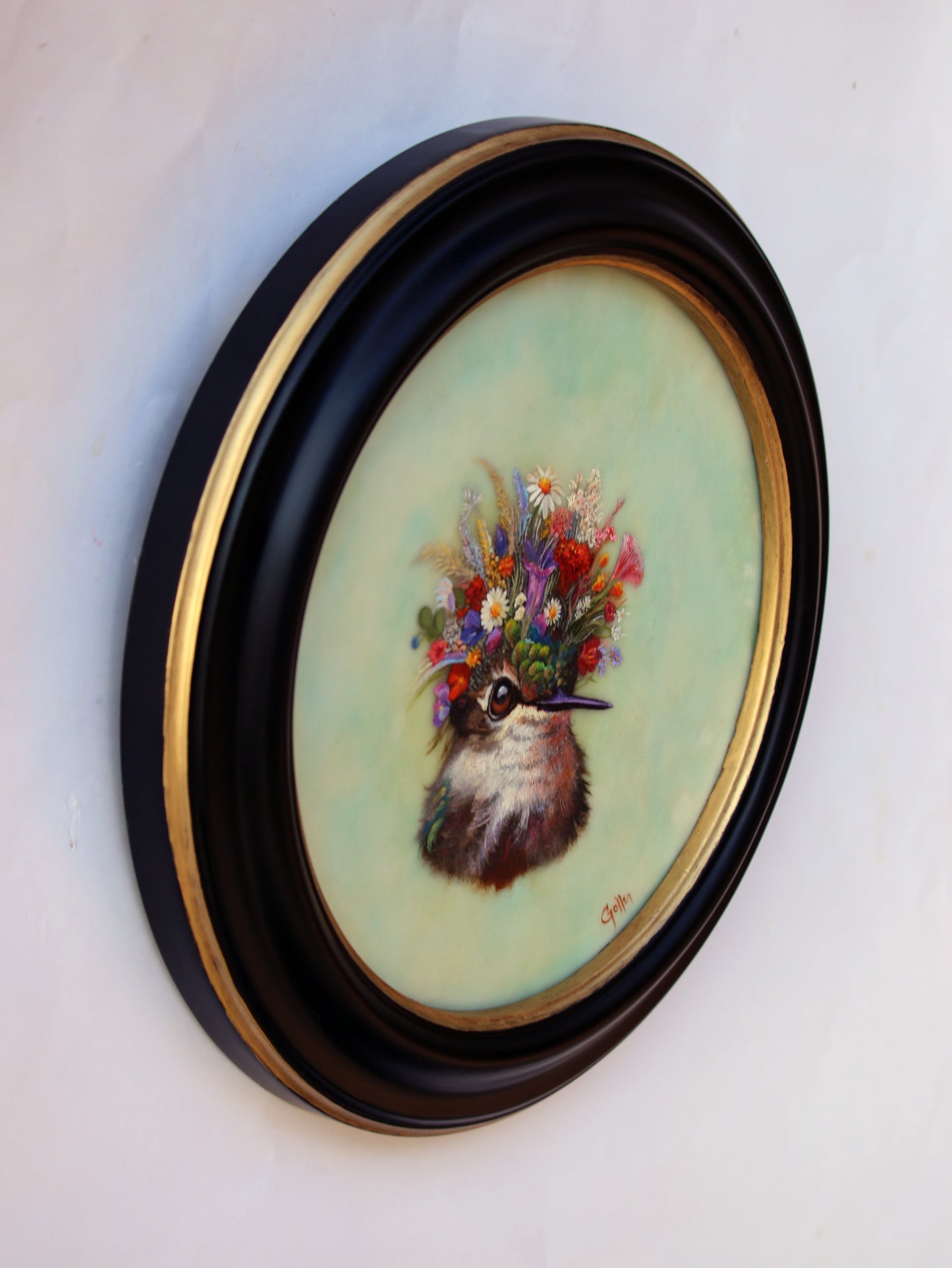CARRIE GOLLER - Daphne (Floriferous Hummingbird Portrait), Mixed Media Oil/Encaustic 8x8 ***At Jones & Terwilliger Galleries, Carmel, CA please inquire at (831) 626-9100***