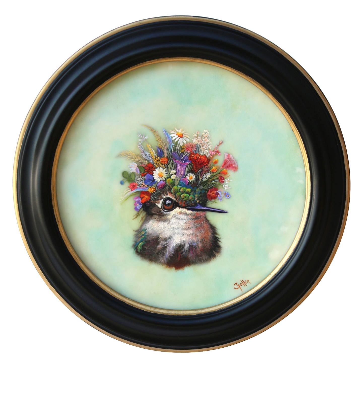CARRIE GOLLER - Daphne (Floriferous Hummingbird Portrait), Mixed Media Oil/Encaustic 8x8 ***At Jones & Terwilliger Galleries, Carmel, CA please inquire at (831) 626-9100***