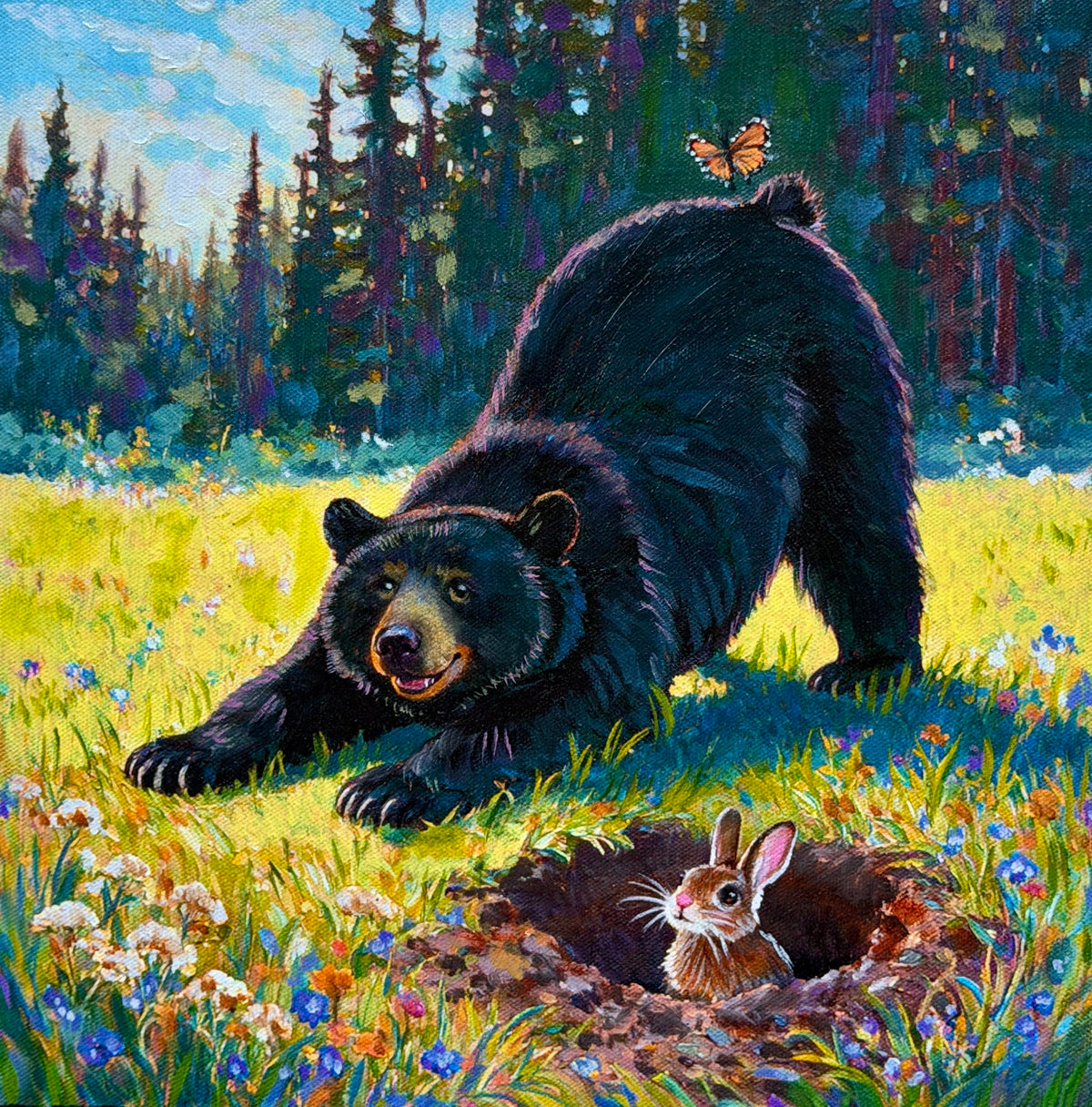 JANDI SMALL - Yoga Bear - Downward Dog, Oil on canvas panel, 12"x12"
