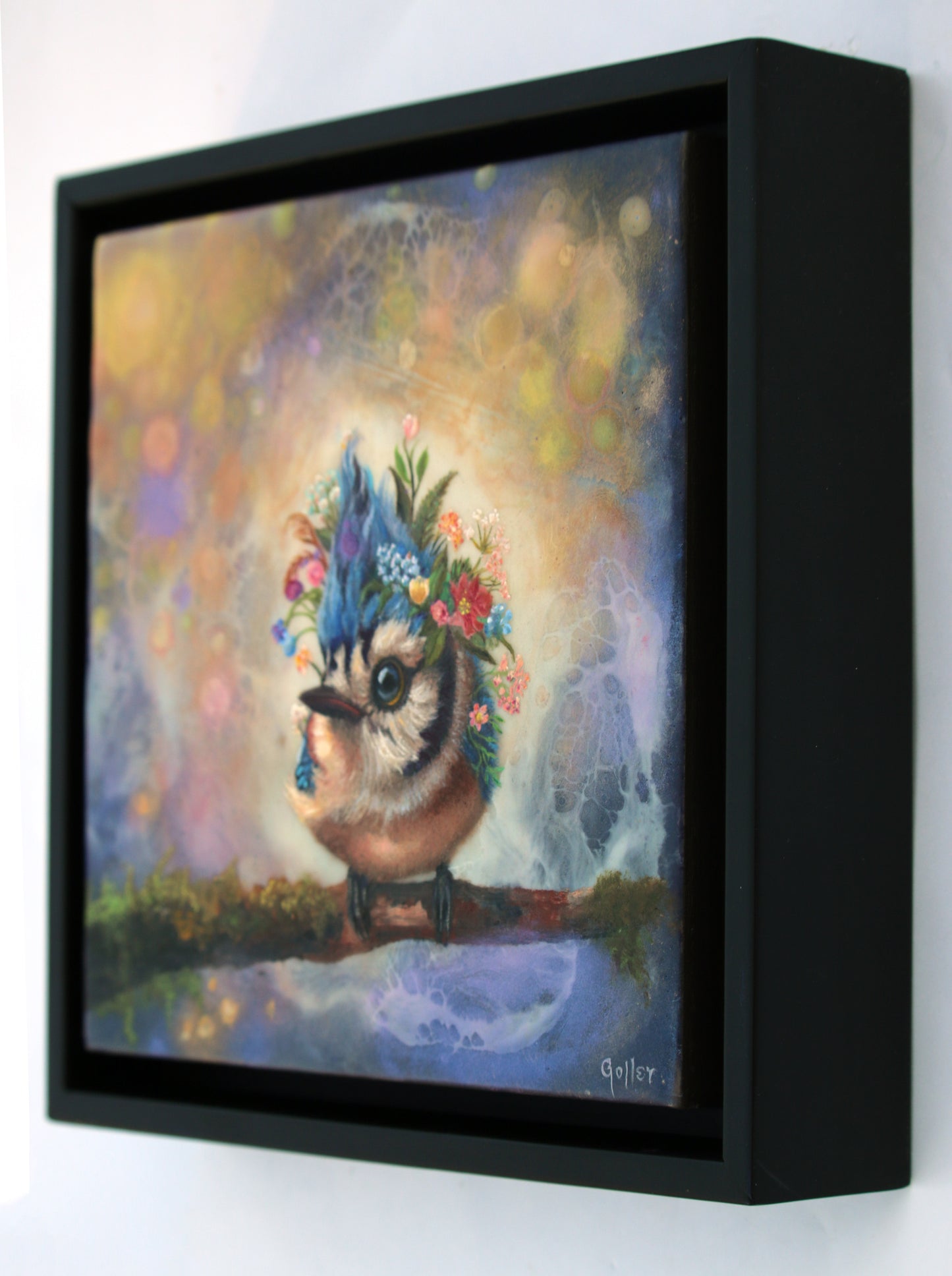CARRIE GOLLER -  Dumpling - Floriferous Collection, Mixed media oil/encaustic 8x8 (Bird)