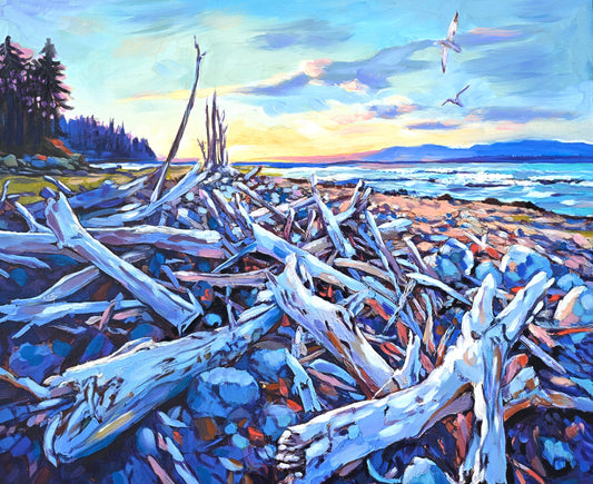 JANDI SMALL - Dungeness Driftwood, Oil on canvas mounted to cradled birch panel, 24”w x 20”h x 1.5” d