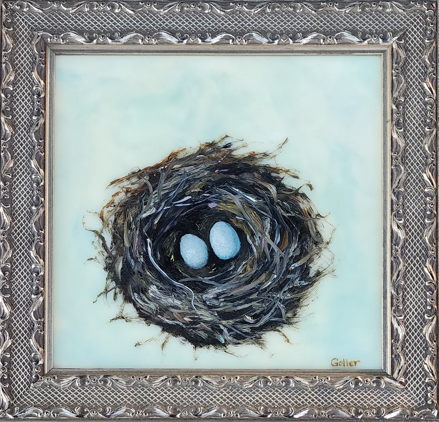 Prints available, original ***SOLD*** Carrie Goller - Duo, mixed media: oil on encaustic 8x8 - framed