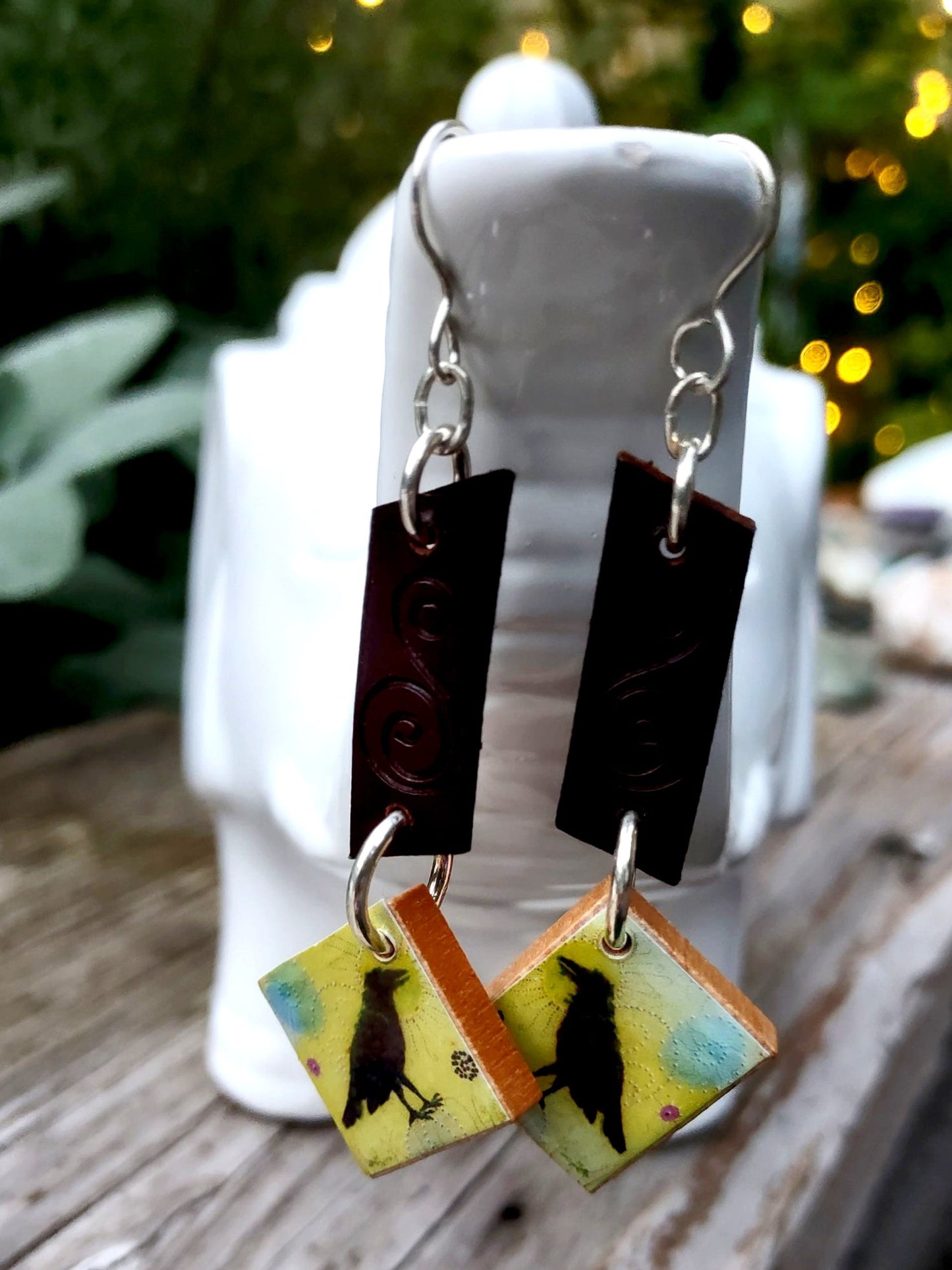 E1700 Debra Saldivar - Earrings Embossed Chocolate Brown Leather, Carrie Goller Raven Scrabble Tile pieces, Sterling Silver