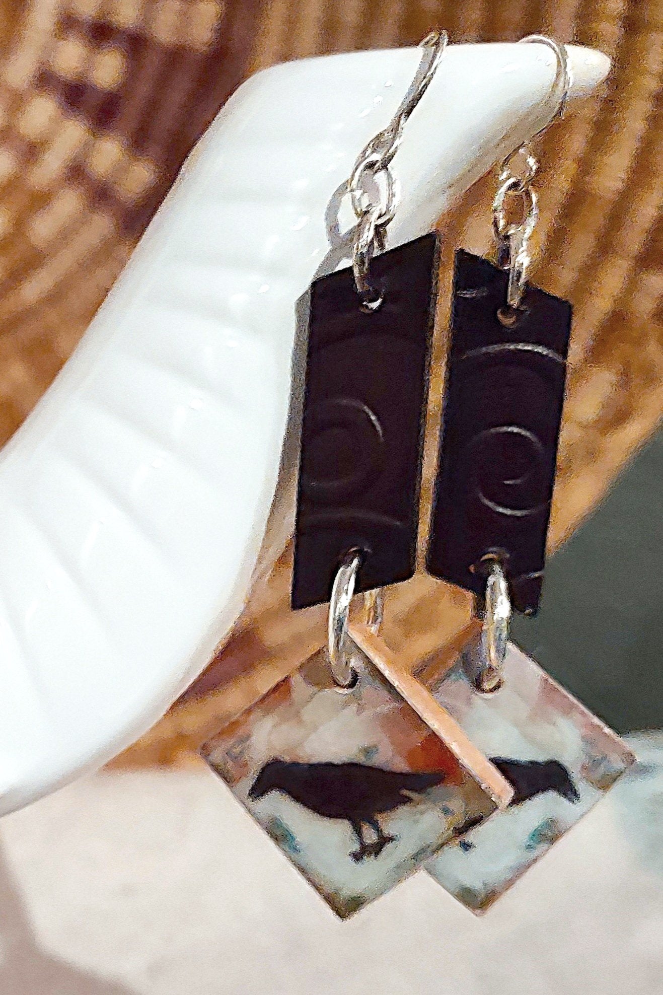 E1701 Debra Saldivar - Earrings Embossed Black Leather, Carrie Goller Raven Scrabble Tile pieces, Sterling Silver