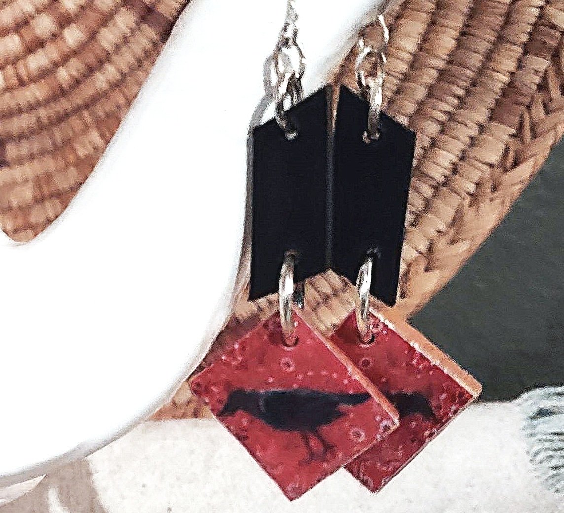 E1702 Debra Saldivar - Earrings Embossed Chocolate Brown Leather, Carrie Goller Raven Scrabble Tile pieces, Sterling Silver