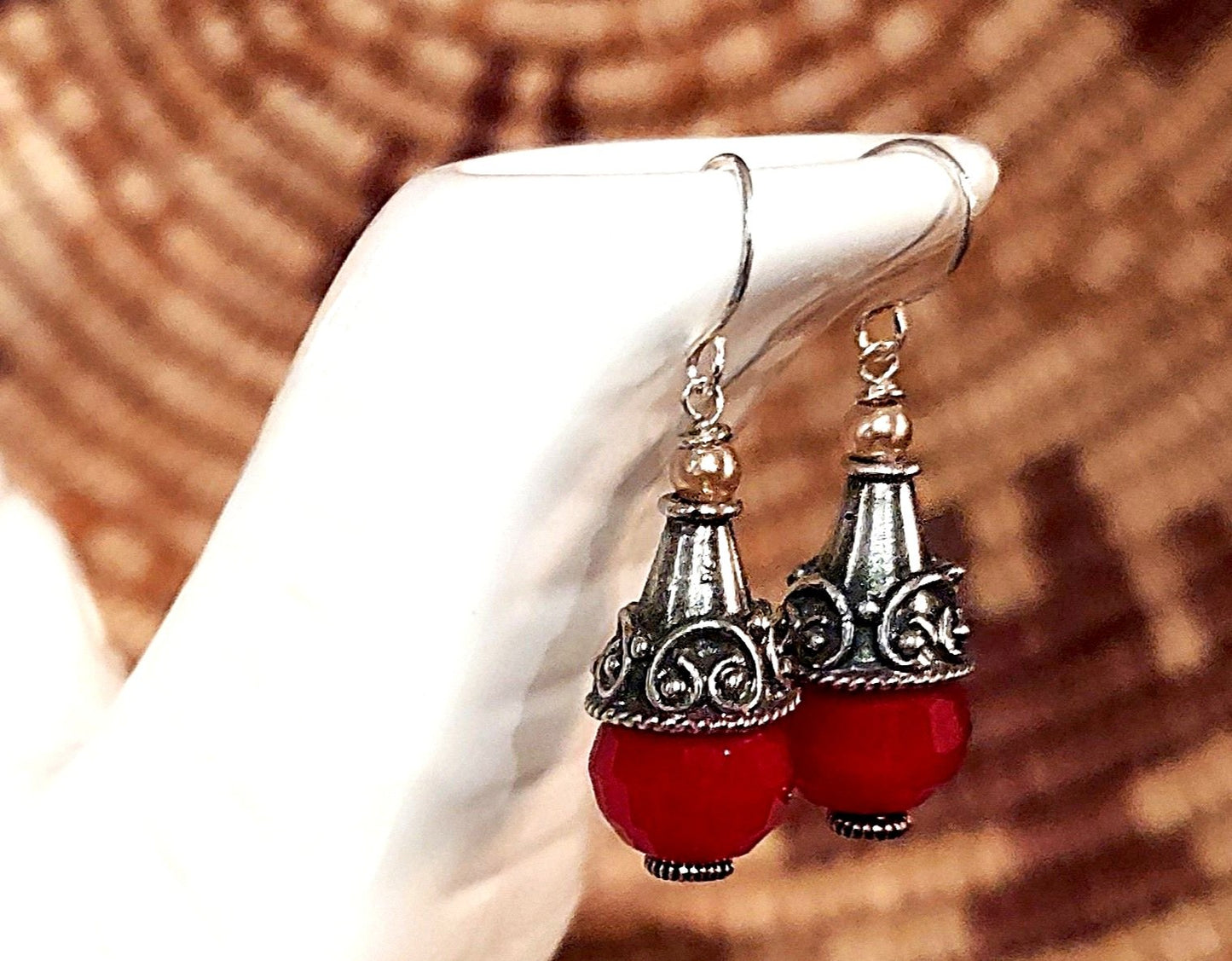 ***SOLD***E1704 Debra Saldivar - Earrings Faceted Ruby Quartz, Bali Silver, Freshwater Pearl