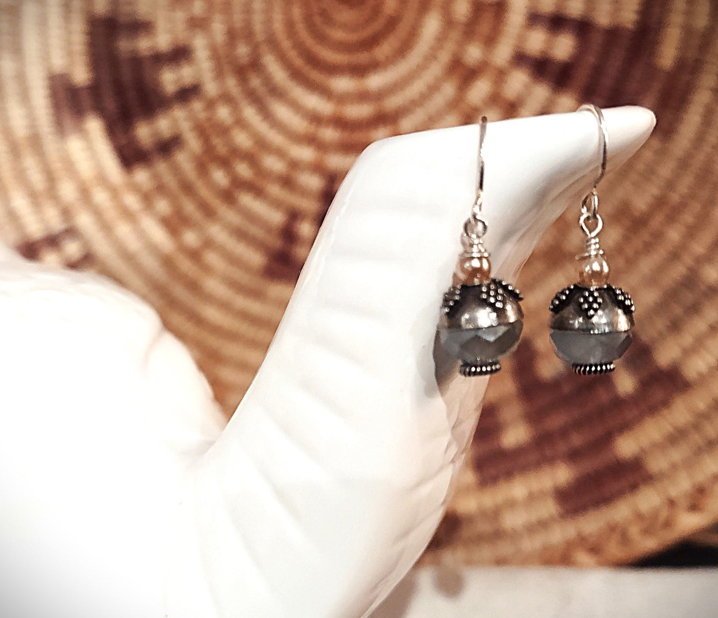 E1705 Debra Saldivar - Earrings Faceted Denim Iridescent Glass, Bali Silver, Freshwater Pearl
