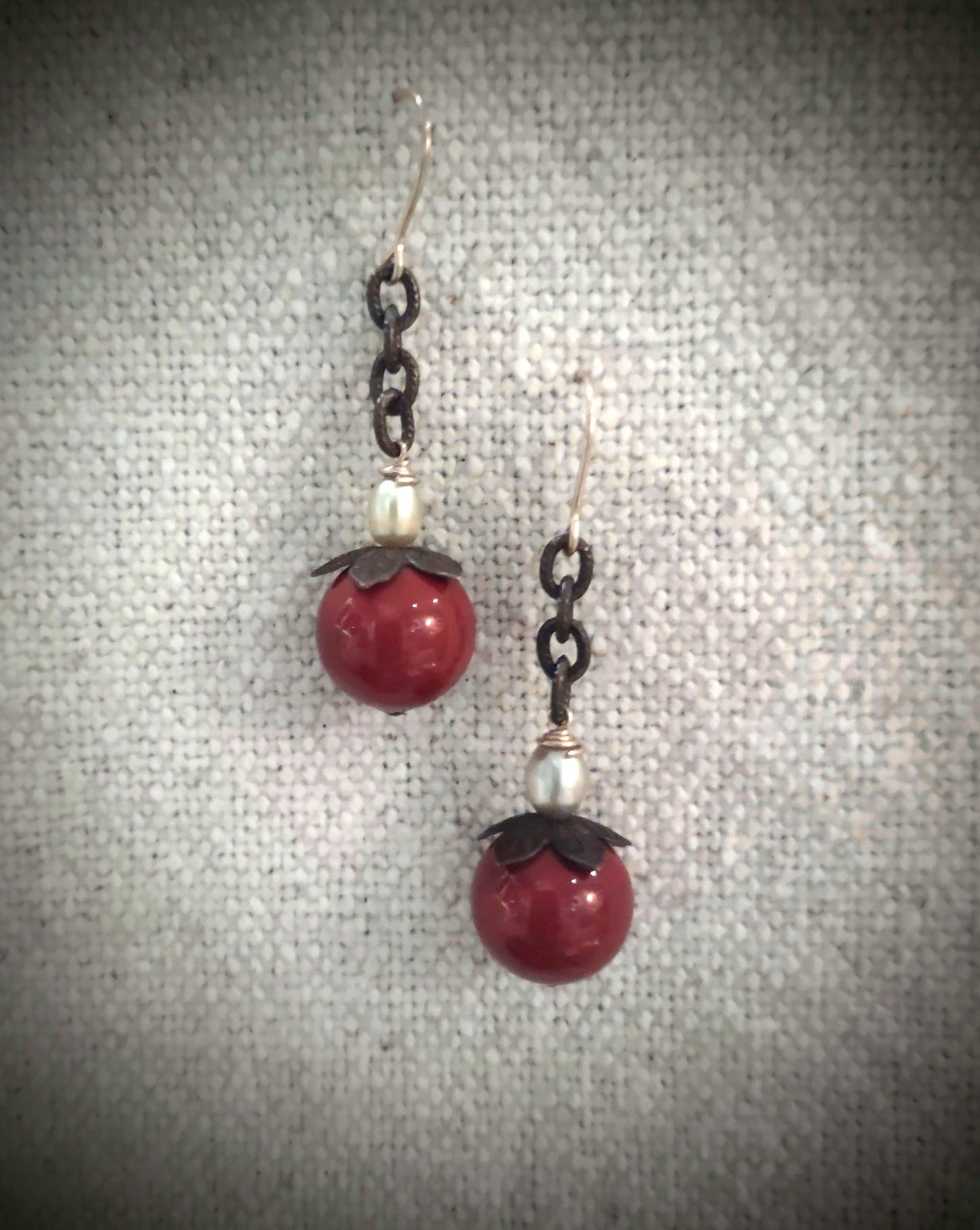 E1800 Debra Saldivar - Earrings Gold Fill, Brass Chain, Ceramic, Freshwater Pearl