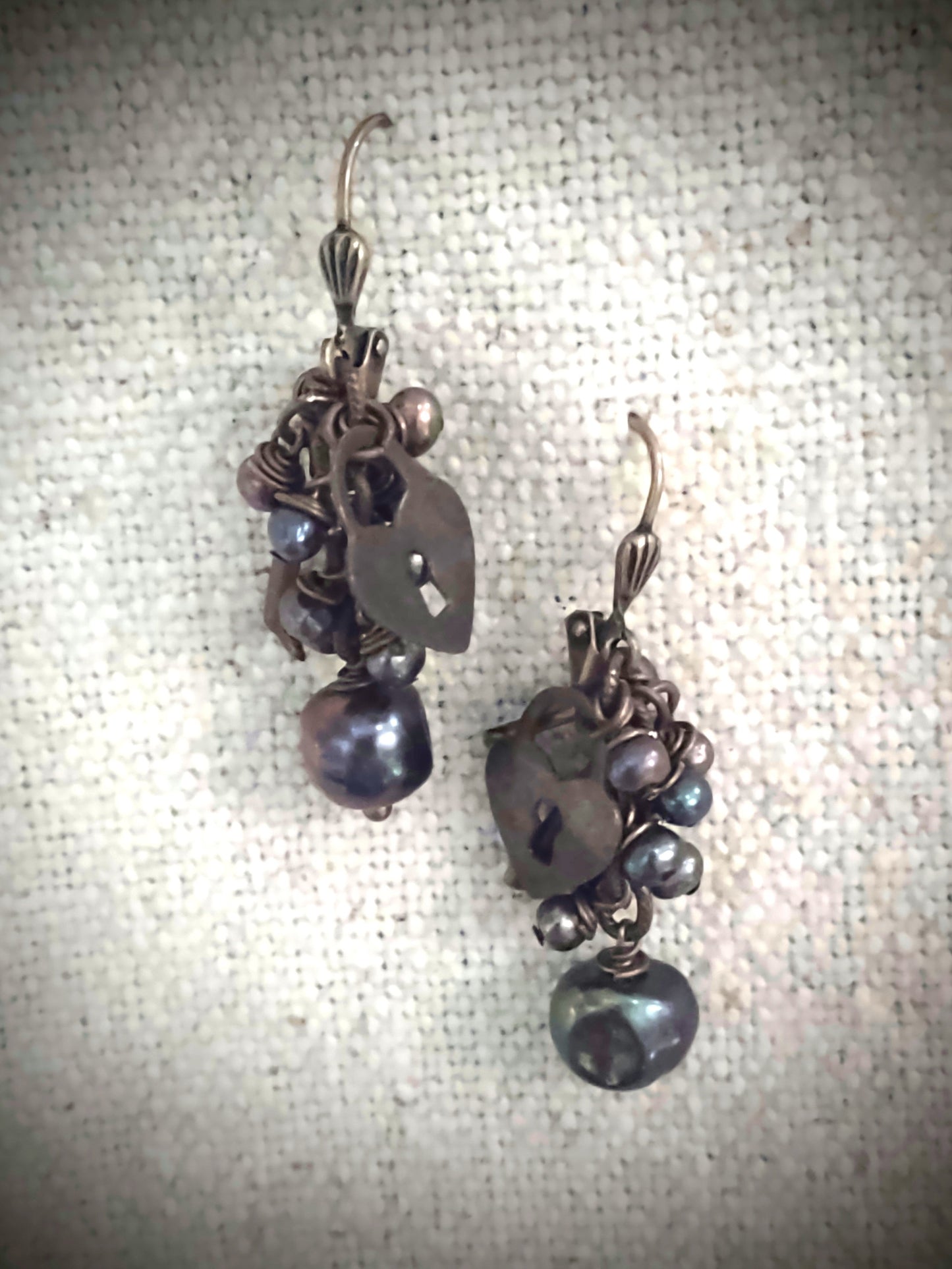 Available Upon Request - E1831 Debra Saldivar - Earrings, Freshwater Pearls, Vintaj Brass charms,