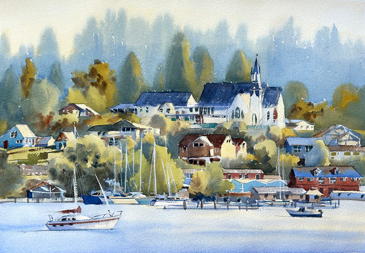 Ina Xi - Early Morning in Poulsbo No.2, Original Plein Air Watercolor, 24x18, (framed)