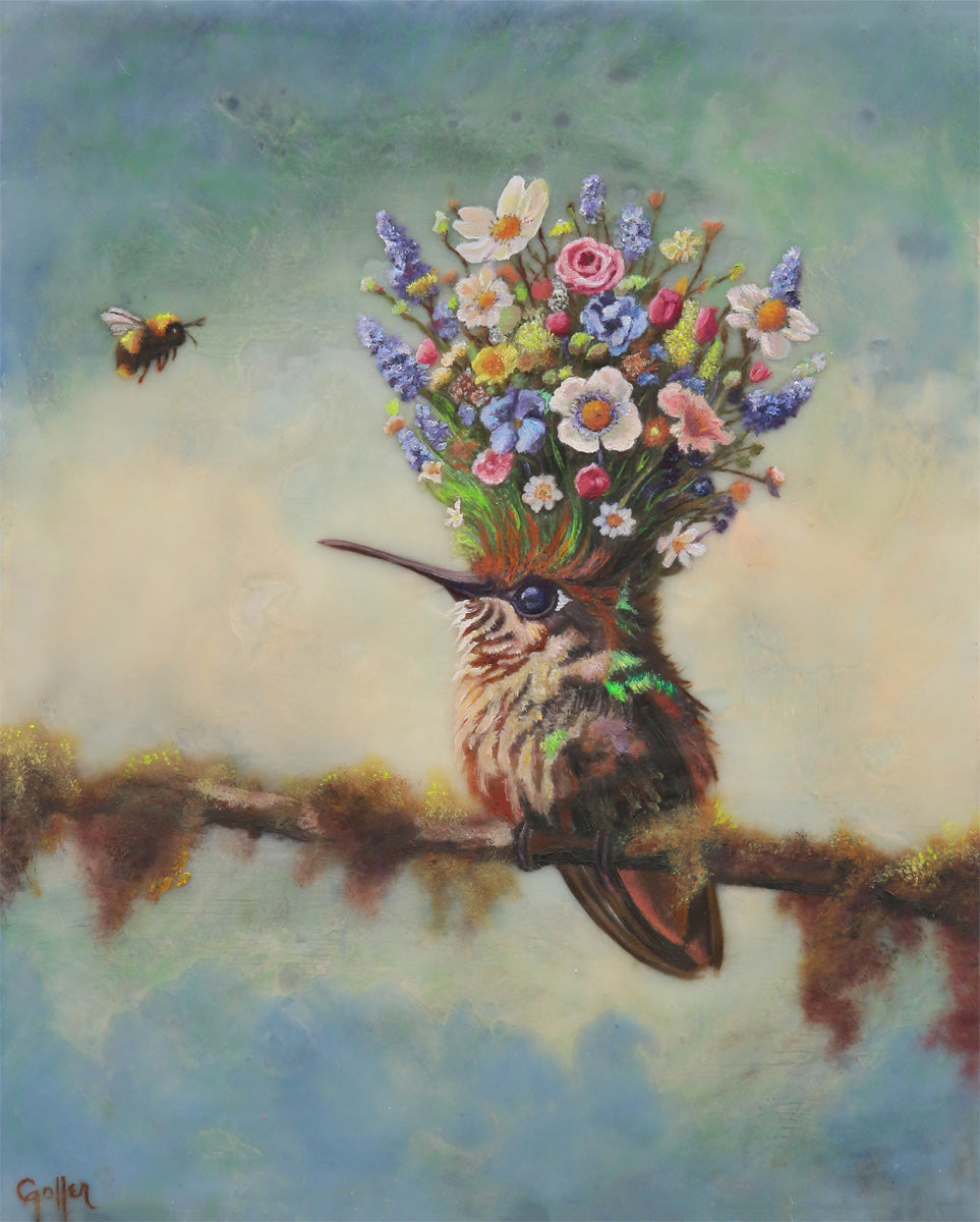 CARRIE GOLLER - Edna (Floriferous "Bouffant" Collection, Hummingbird) Mixed Media - Oil/Encaustic 10x8 ***At Rehs Contemporary Galleries, NYC (212) 355-5710***
