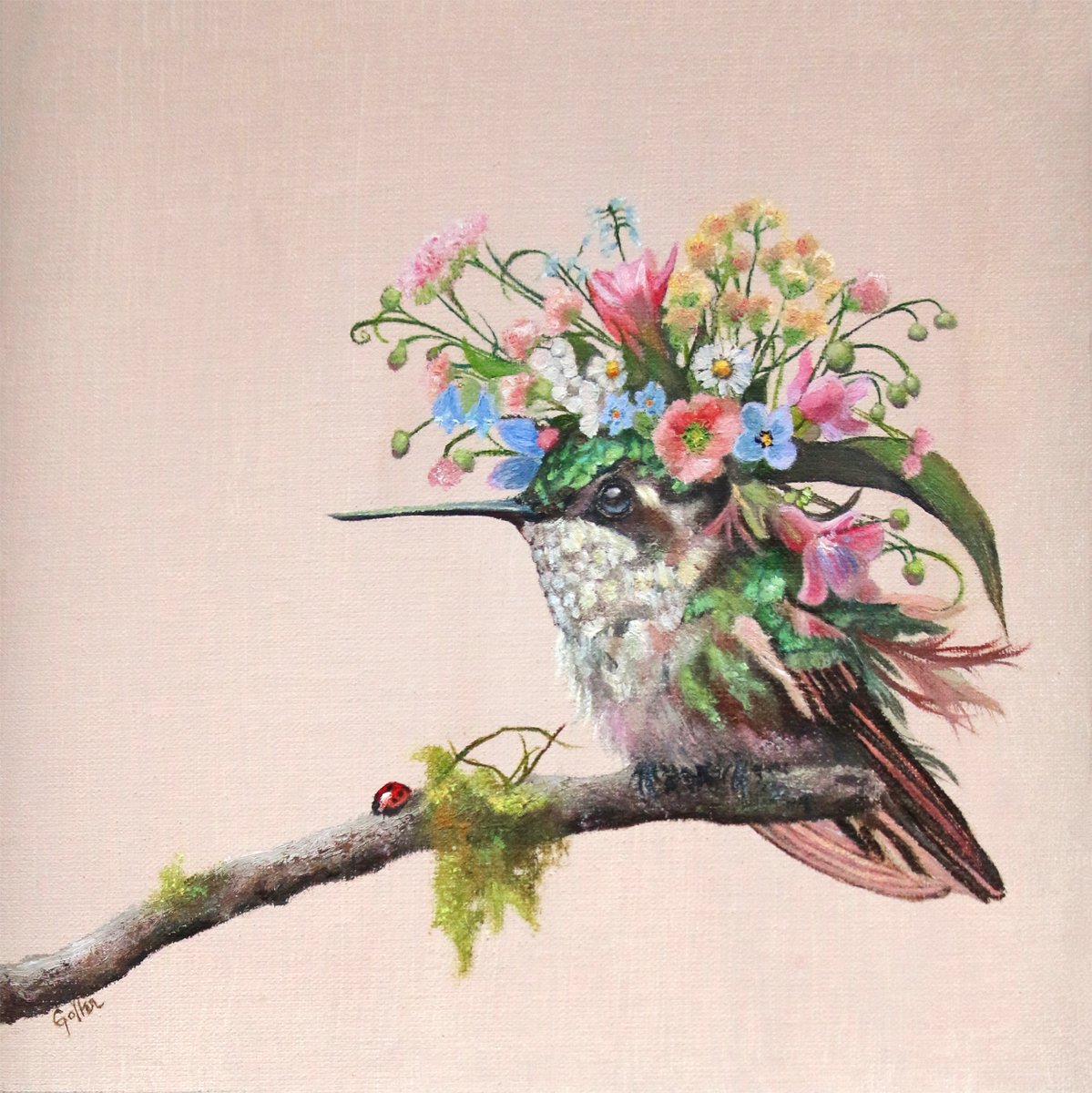 Prints available, original ***SOLD*** CARRIE GOLLER - Elenore (Hummingbird, Floriferous Collection), Mixed Media - Oil/Encaustic 8x8 ***At Jones & Terwilliger Galleries, Carmel, CA***