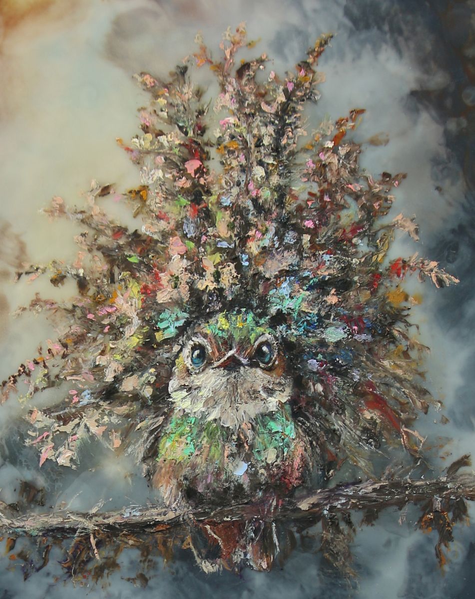 CARRIE GOLLER - Elowen - Floriferous Collection Hummingbird, Mixed media oil/encaustic 12x12 ***At Rehs Contemporary Galleries, NYC, please inquire at (212) 355-5710***