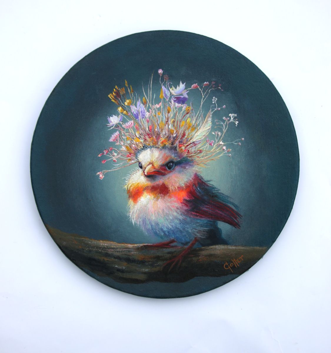 CARRIE GOLLER - Elvira (Floriferous Cardinal Bird), Original Oil, 8x8