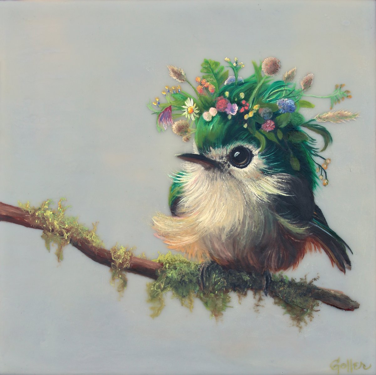 Prints available, original ***SOLD*** CARRIE GOLLER - Emerald (Floriferous Collection), Mixed Media - oil/encaustic 8x8 ***At Rehs Contemporary Galleries, NYC, please inquire at (212) 355-5710***