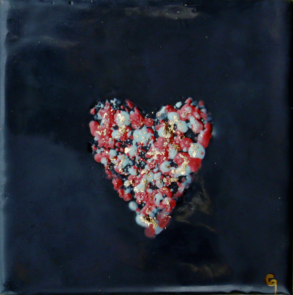 *** SOLD*** Carrie Goller - Pink and Light Blue Heart on indigo with Gold Leaf, 5x5