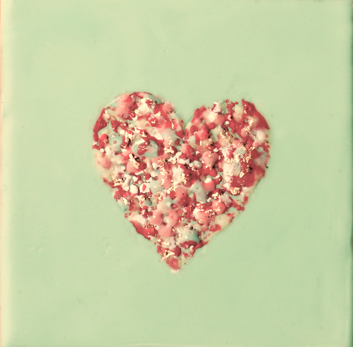 Carrie Goller - Pink and multi-colored Heart on Teal Blue with Gold Leaf, 5x5