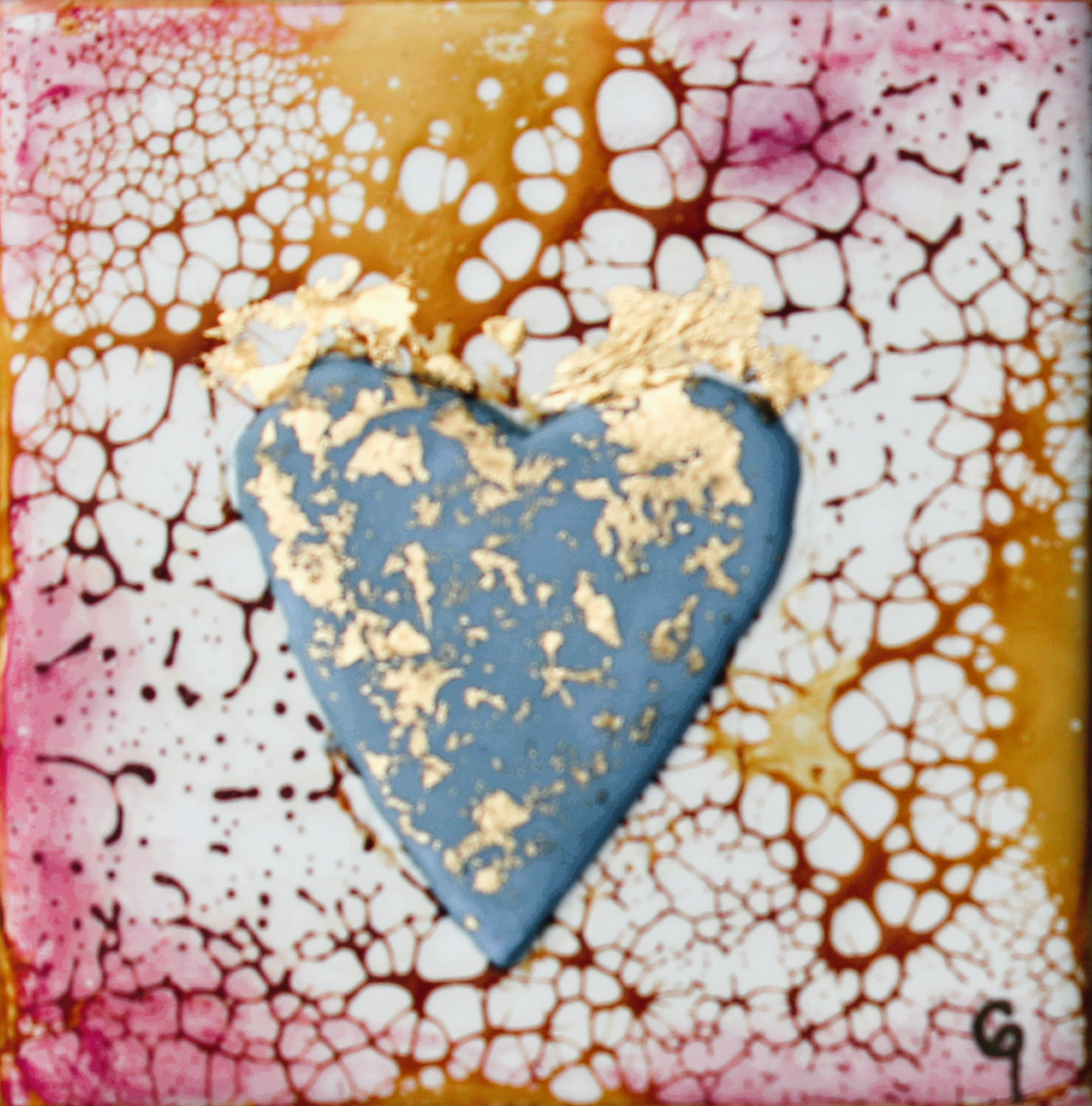 Carrie Goller - Blue Heart on gold, pink and white with Gold Leaf, 4x4