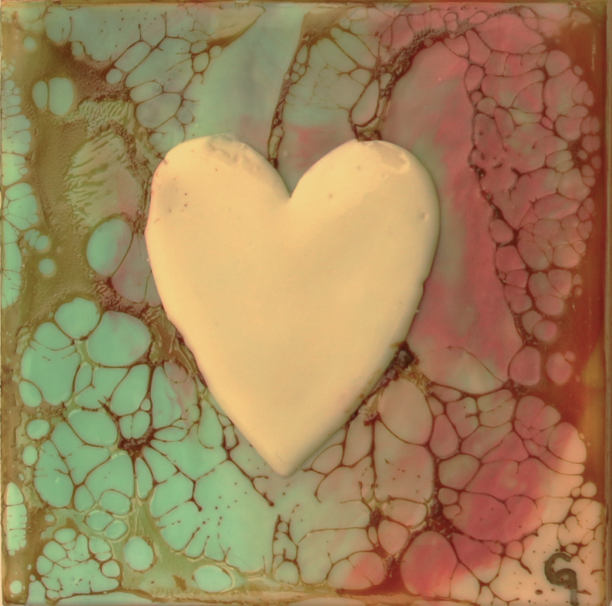***SOLD*** Carrie Goller - Yellow Heart on pink and teal with metal leaf, 4x4