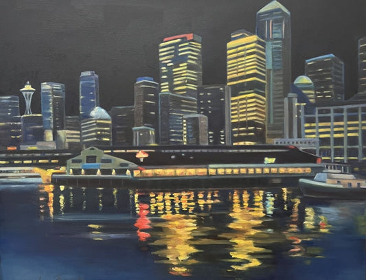 SOPHIE FRIEDA - Evening at Ivar's, oil on canvas, 25.5 x31.5 (framed)