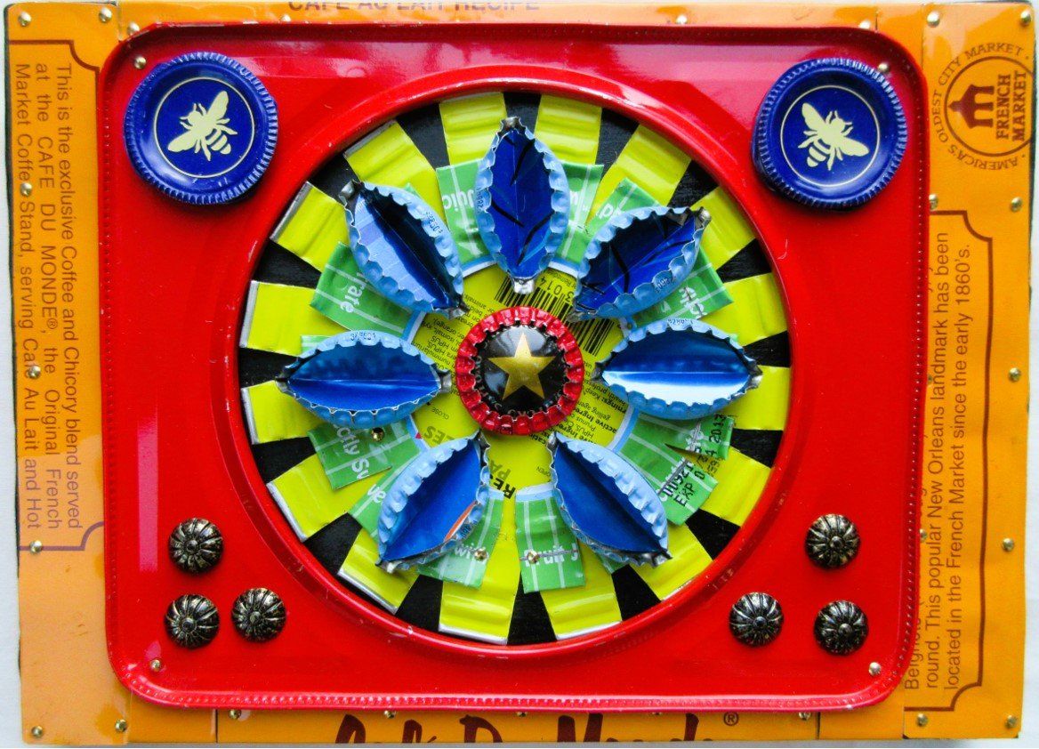 ***SOLD***Loran Scruggs - Flower Blu 2 Bees, 6.25x8.5 - Recycled Tin Art