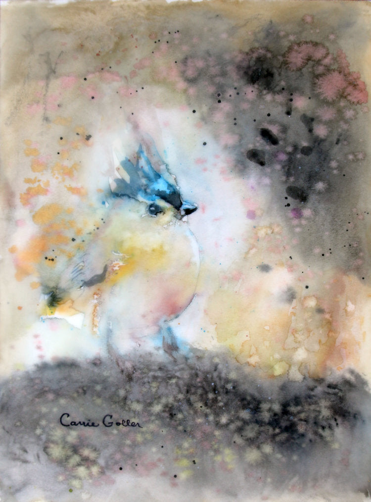 CARRIE GOLLER PRINTS - BIRDS - FAIRY DELL TRAIL    original encaustic/watercolor, 12x8