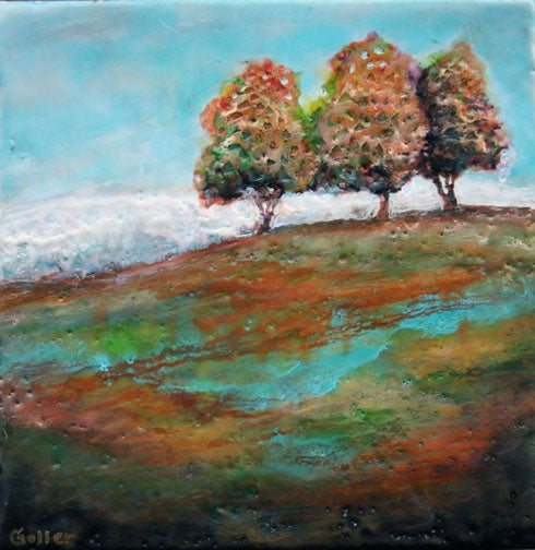 Prints available, original ***SOLD*** Carrie Goller -Fall Trio, Encaustic 7.5x7.5