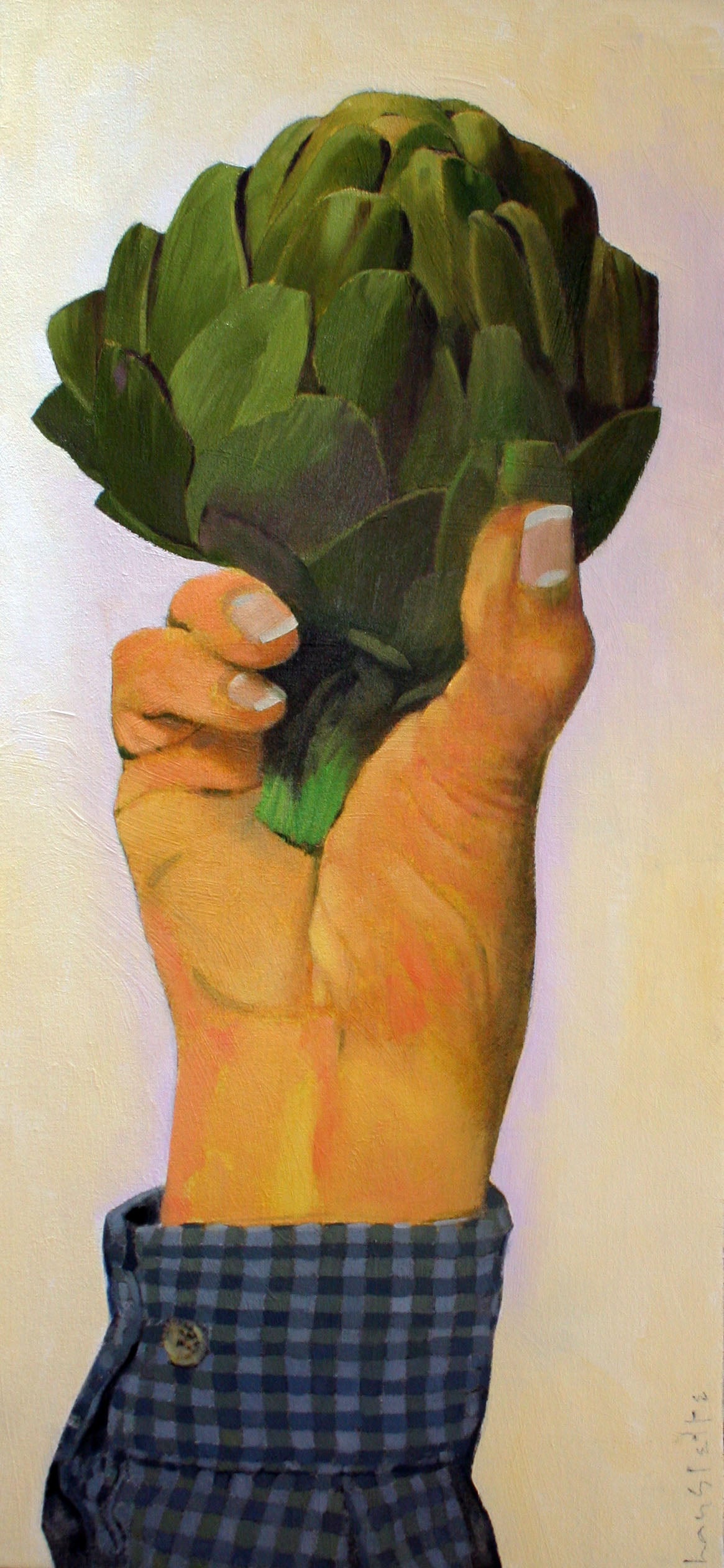 Prints available, original ***SOLD*** MAX HAYSLETTE - Fanfare for the Common Artichoke, oil & mixed media 38x18 HMOC 1443