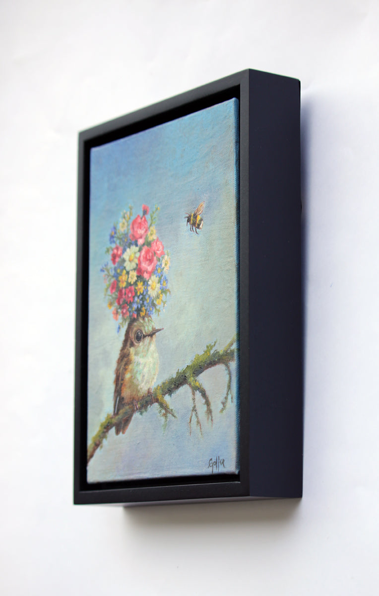 Prints availalable, original ***SOLD*** CARRIE GOLLER - Faye (Floriferous Bouffant Collection Hummingbird) original oil on linen panel 7x5 (framed)***At Jones & Terwilliger Galleries***