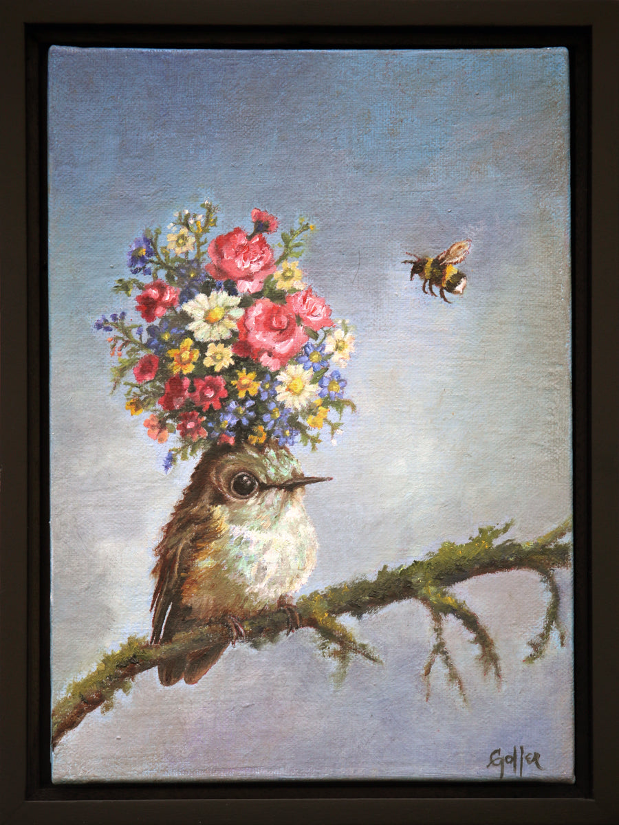 Prints availalable, original ***SOLD*** CARRIE GOLLER - Faye (Floriferous Bouffant Collection Hummingbird) original oil on linen panel 7x5 (framed)***At Jones & Terwilliger Galleries***