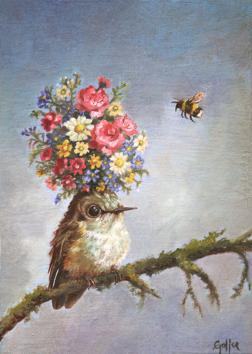 Prints availalable, original ***SOLD*** CARRIE GOLLER - Faye (Floriferous Bouffant Collection Hummingbird) original oil on linen panel 7x5 (framed)***At Jones & Terwilliger Galleries***