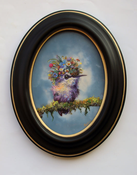 CARRIE GOLLER - Finola (Floriferous Hummingbird Portrait), Mixed Media Oil/Encaustic 7x5 ***At Rehs Contemporary Galleries, NYC, please inquire at (212) 355-5710***