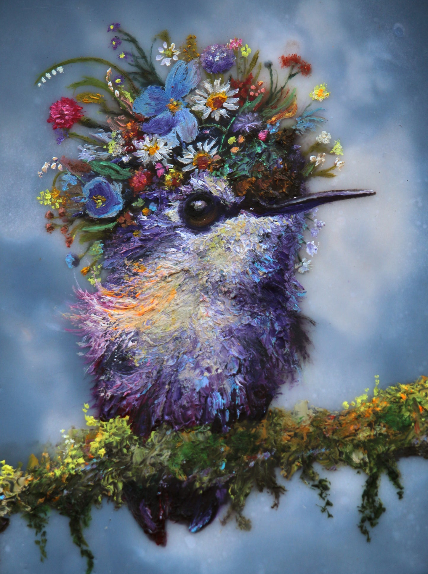 CARRIE GOLLER - Finola (Floriferous Hummingbird Portrait), Mixed Media Oil/Encaustic 7x5 ***At Rehs Contemporary Galleries, NYC, please inquire at (212) 355-5710***