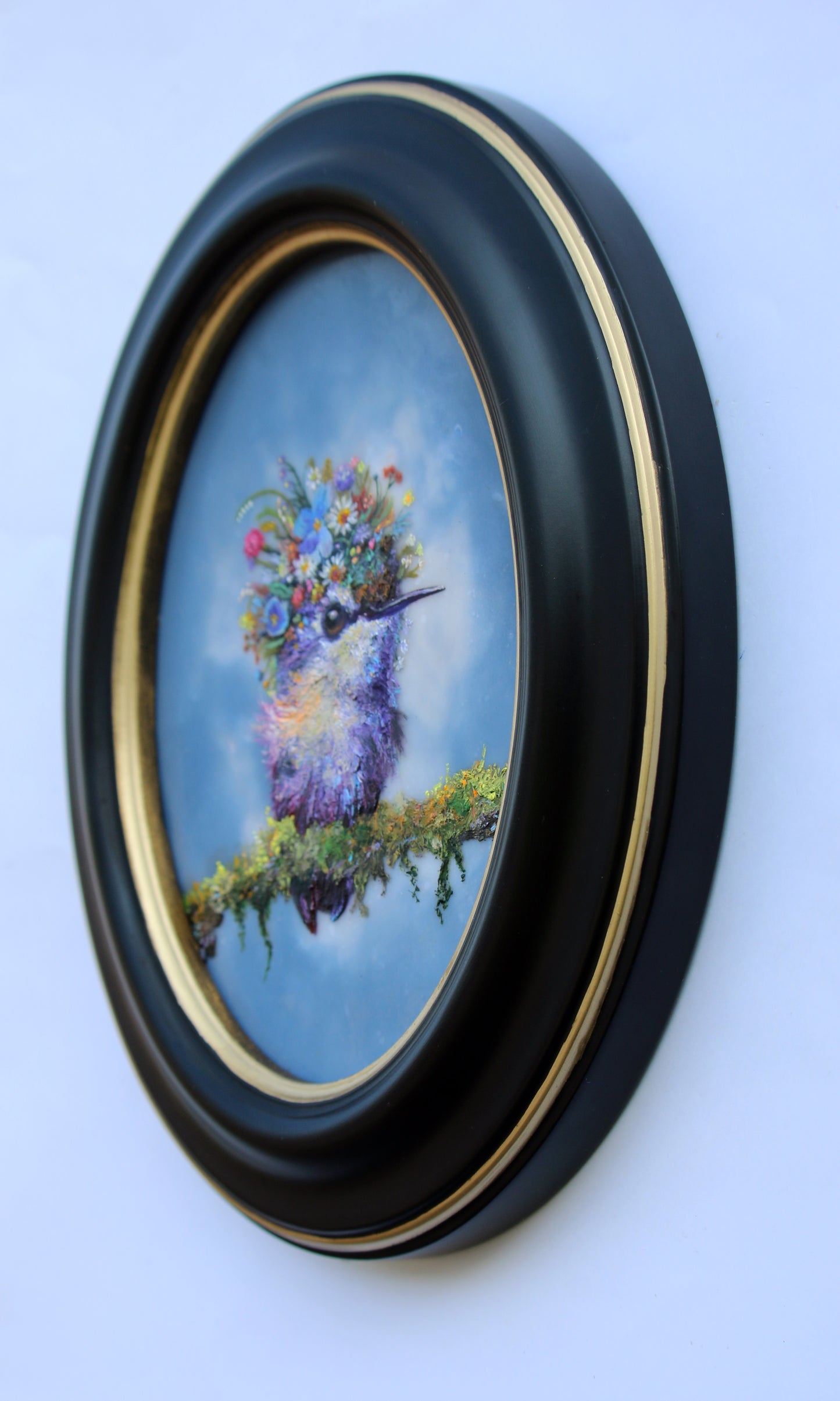 CARRIE GOLLER - Finola (Floriferous Hummingbird Portrait), Mixed Media Oil/Encaustic 7x5 ***At Rehs Contemporary Galleries, NYC, please inquire at (212) 355-5710***