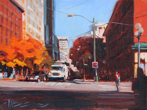 ROBIN WEISS -First and Pine, Seattle plein air oil 9x12 (framed)