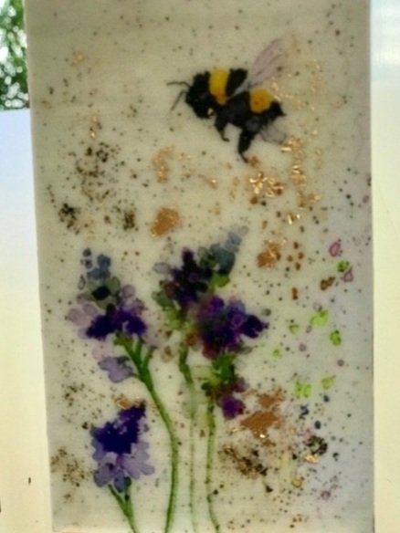***SOLD***Carrie Goller - Bumble Bee and Purple Flowers, miniature encaustic giclee print with gold leaf, 3 x 4.75