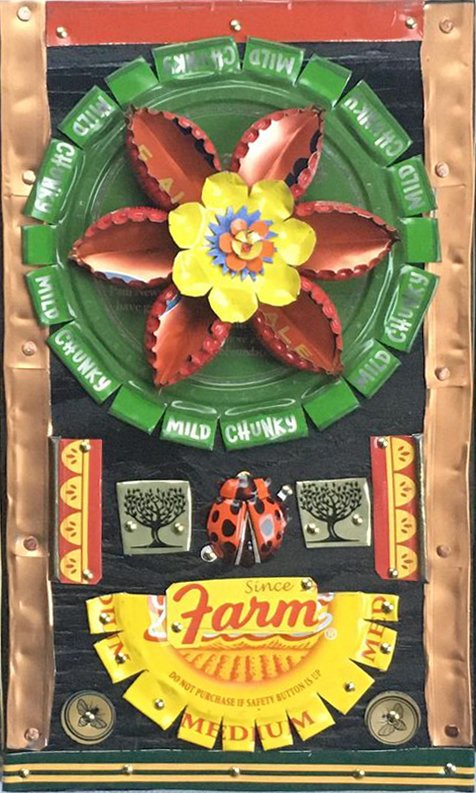 ***SOLD***Loran Scruggs - Flower Farm with Ladybug, 8x4.5 - Recycled Tin Art