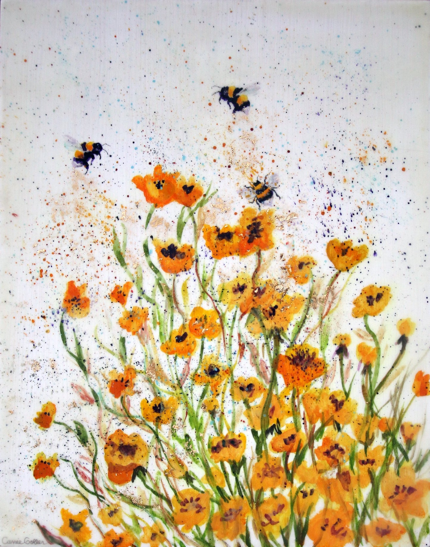 Prints availalable, original ***SOLD** Carrie Goller - For the Bees II, watercolor, encaustic, gold leaf 14x11