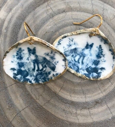 ***SOLD***Hood Canal Seashell Earrings - Blue Fox- 18k Gold Trim - Carrie Goller