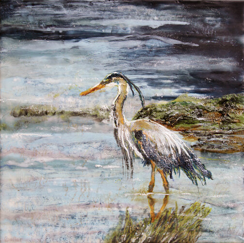 Prints available, original ***SOLD*** Carrie Goller - Francesca (Heron) encaustic/mixed media 16x16