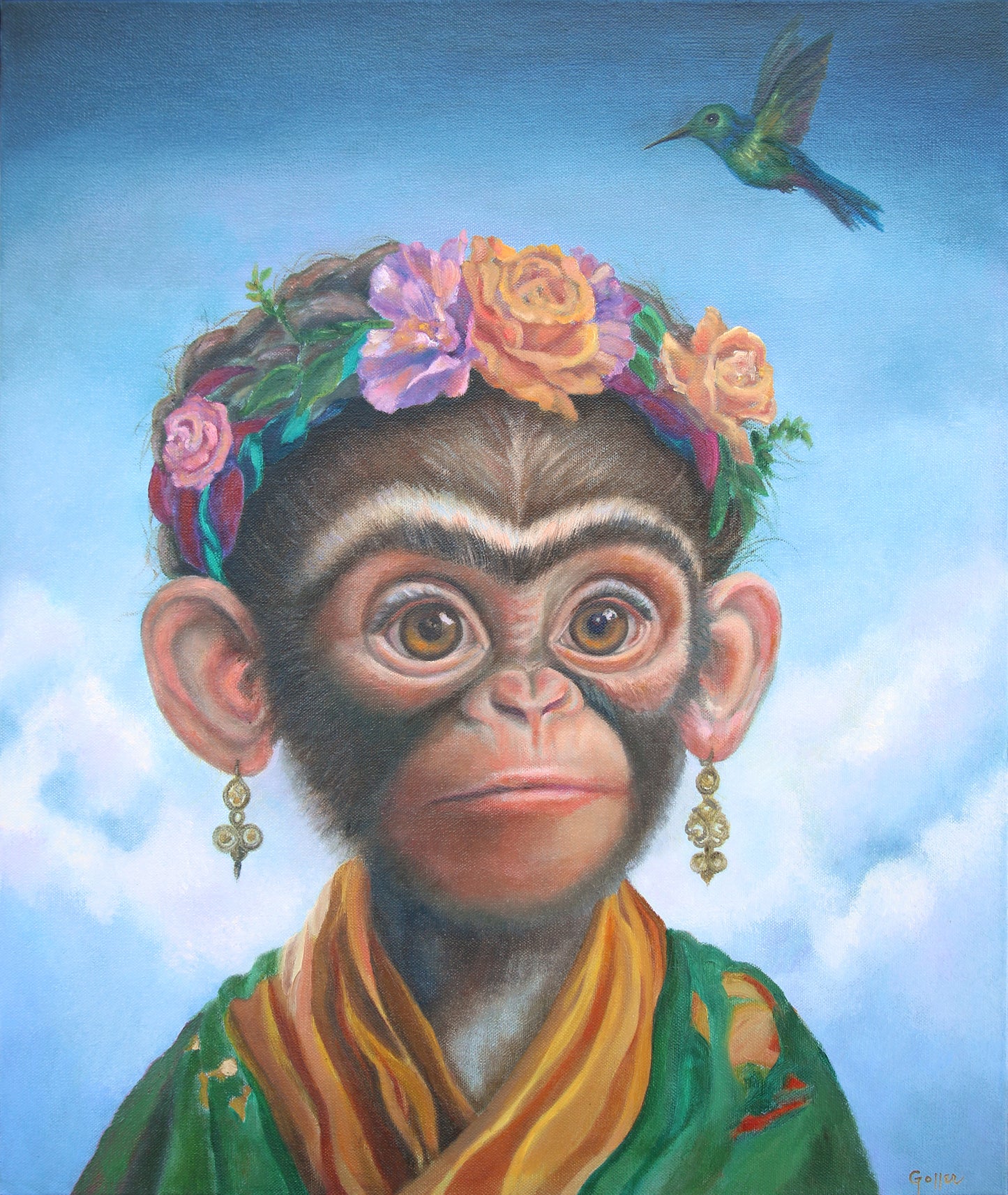 CARRIE GOLLER - Fridita (Floriferous Collection), oil on canvas, 24x20 (Icon Monkey) ***At Rehs Contemporary Galleries, NYC, please inquire at (212) 355-5710***