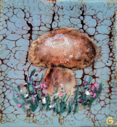 Prints available, original ***SOLD*** CARRIE GOLLER - Natural Series, Friendly Mushroom VII, encaustic 4x3.5