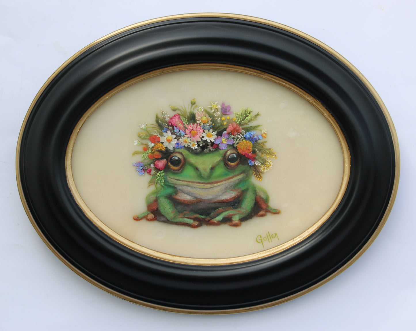 Prints available, original ***SOLD*** CARRIE GOLLER - Frog Queen (Floriferous Frog Portrait), Mixed Media Oil/Encaustic 7x5