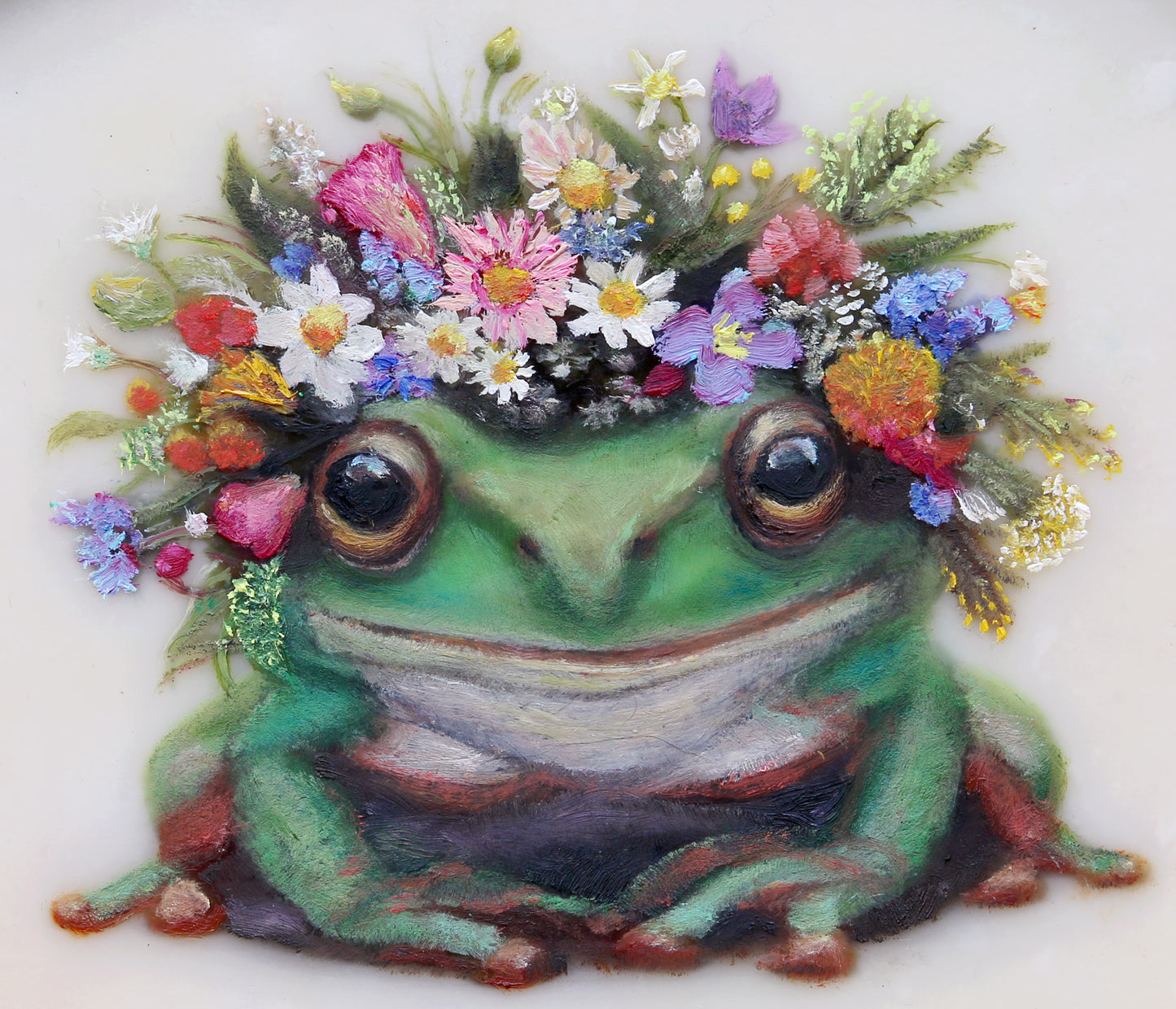 Prints available, original ***SOLD*** CARRIE GOLLER - Frog Queen (Floriferous Frog Portrait), Mixed Media Oil/Encaustic 7x5