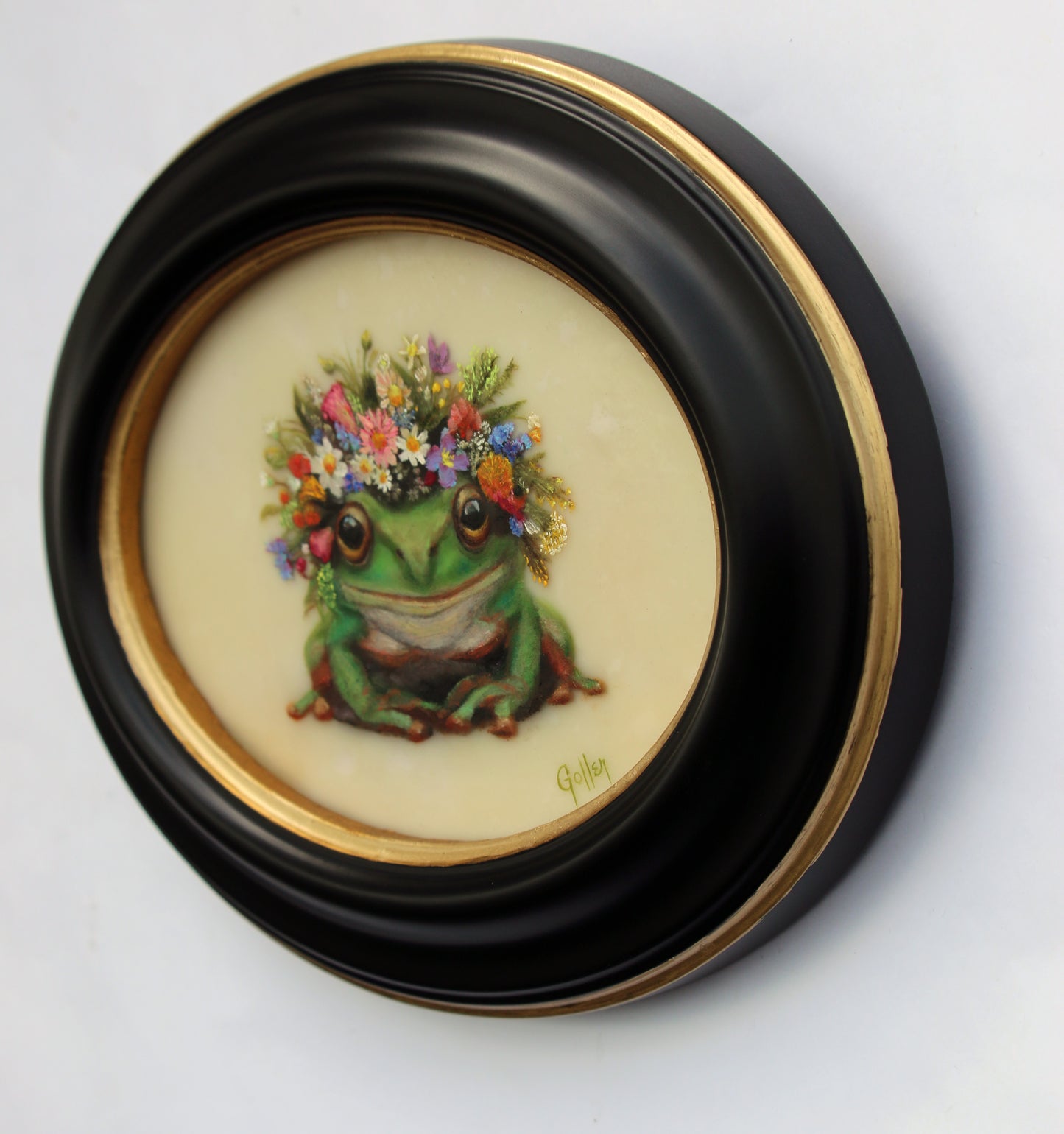 Prints available, original ***SOLD*** CARRIE GOLLER - Frog Queen (Floriferous Frog Portrait), Mixed Media Oil/Encaustic 7x5