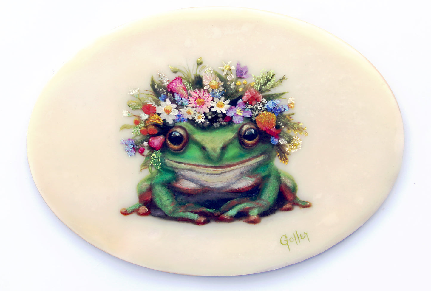Prints available, original ***SOLD*** CARRIE GOLLER - Frog Queen (Floriferous Frog Portrait), Mixed Media Oil/Encaustic 7x5