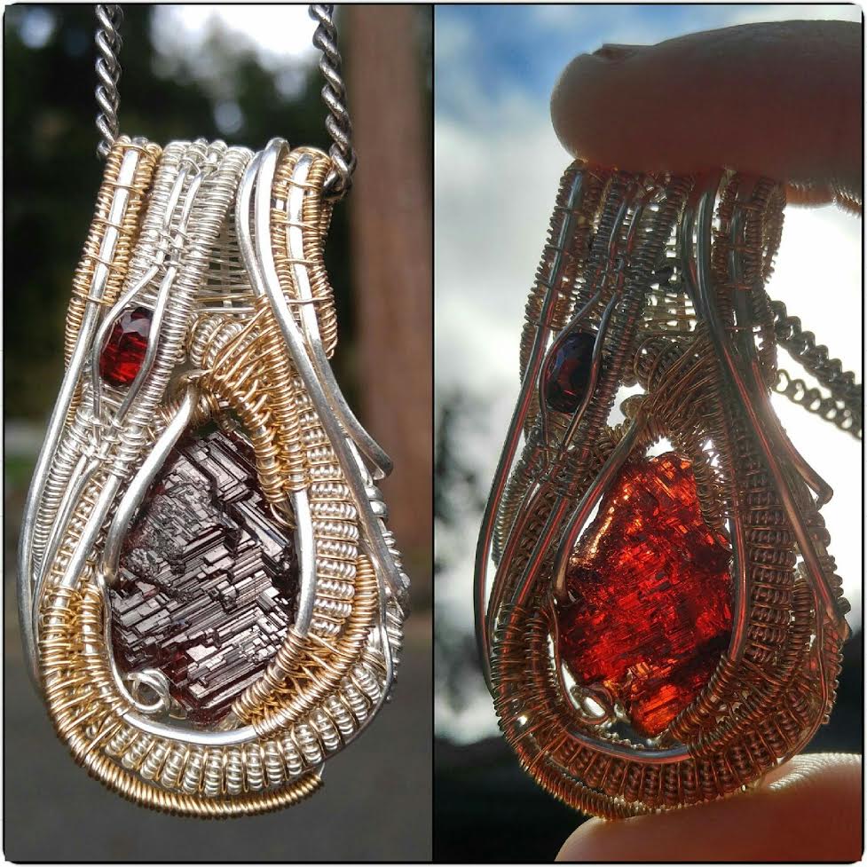 ***SOLD***CHARLES GOLLER Pendant Etched Spessartine Garnet, Polished & Oxidized Sterling Silver with Gold Fill Wire - 55mm x31mm x12mm