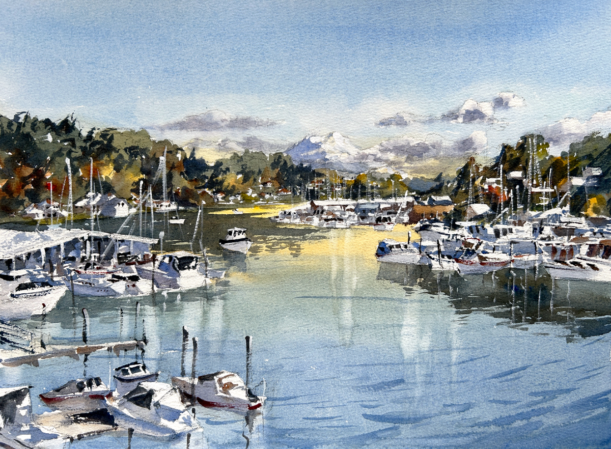 ***SOLD, Prints available*** Ina Xi - Gig Harbor Panorama, Original Plein Air Watercolor 16x12
