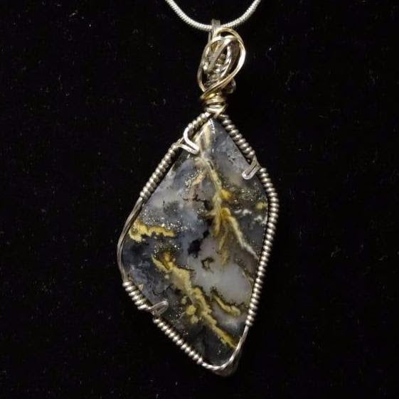 ***SOLD*** CHARLES GOLLER - Grade Point Agate sterling silver wire-wrapped crystal/gemstone pendant-necklace with sterling snake chain