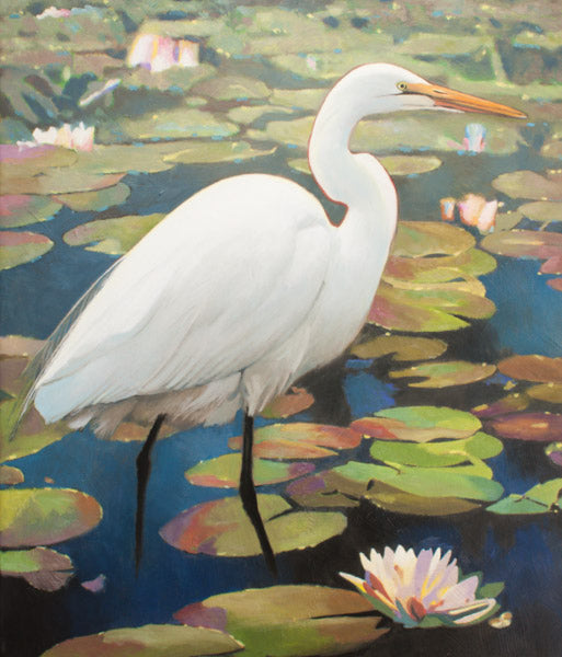 Prints available, original ***SOLD*** MAX HAYSLETTE - Great White Egret, oil & mixed media, 33x28 HMOC 1364